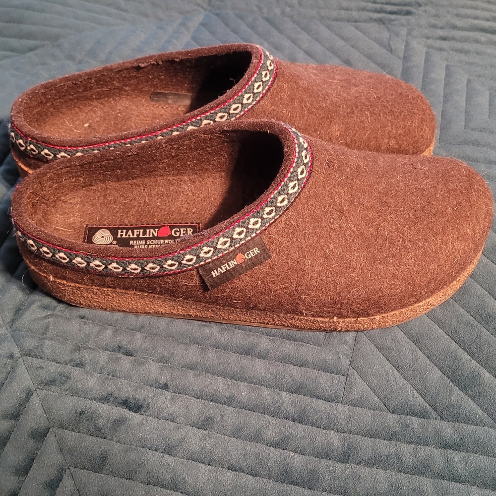Haflinger Chocolate Brown Wool Clogs with Patterned Trim